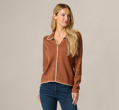 Long Sleeve Polo Collar Contrast Stitched Cardigan Sweater - Tobacco Cream | Adrianna Papell
