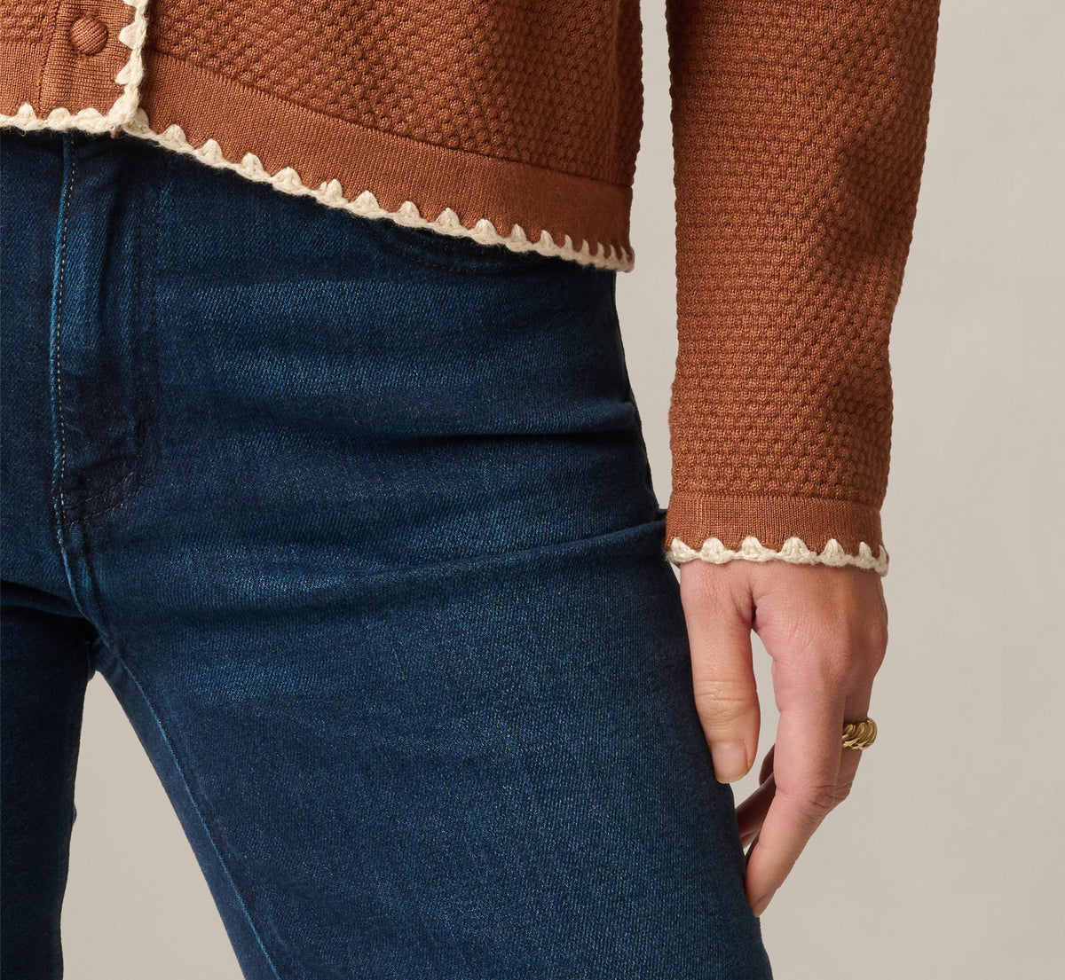 Long Sleeve Polo Collar Contrast Stitched Cardigan Sweater - Tobacco Cream | Adrianna Papell