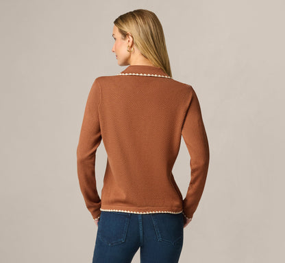 Long Sleeve Polo Collar Contrast Stitched Cardigan Sweater - Tobacco Cream | Adrianna Papell