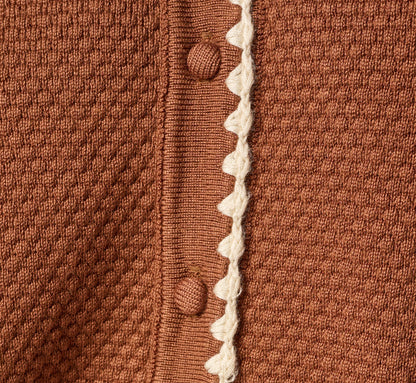 Long Sleeve Polo Collar Contrast Stitched Cardigan Sweater - Tobacco Cream | Adrianna Papell