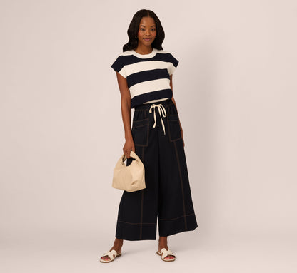 Contrast Stitched Wide Leg Drawstring Pant - Navy Khaki | Adrianna Papell
