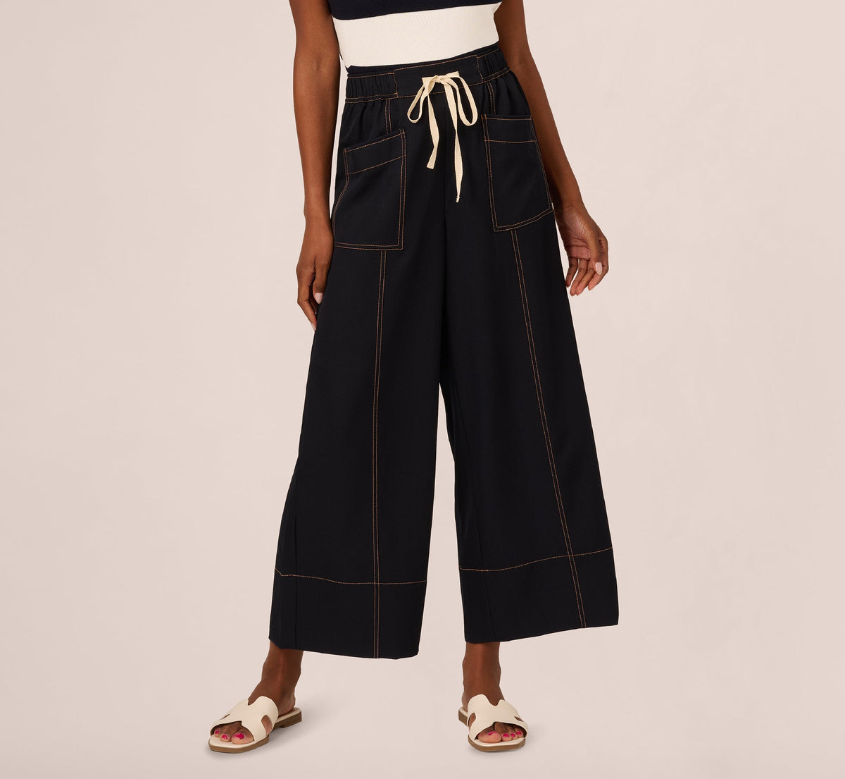 Contrast Stitched Wide Leg Drawstring Pant - Navy Khaki | Adrianna Papell