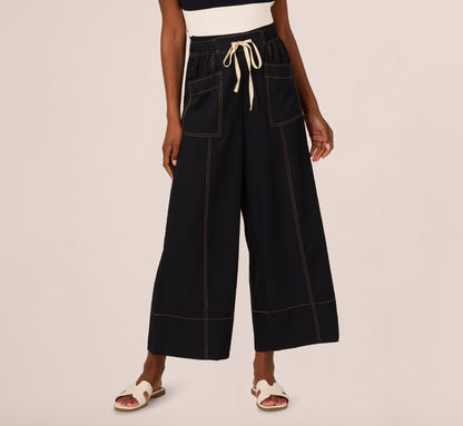 Contrast Stitched Wide Leg Drawstring Pant - Navy Khaki | Adrianna Papell