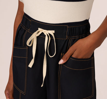 Contrast Stitched Wide Leg Drawstring Pant - Navy Khaki | Adrianna Papell