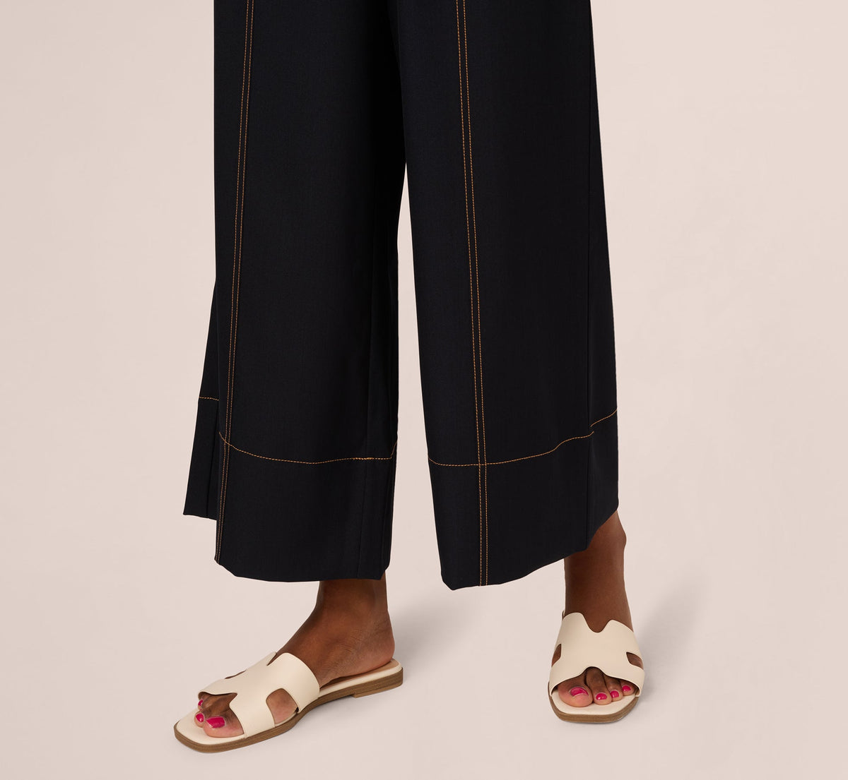 Contrast Stitched Wide Leg Drawstring Pant - Navy Khaki | Adrianna Papell