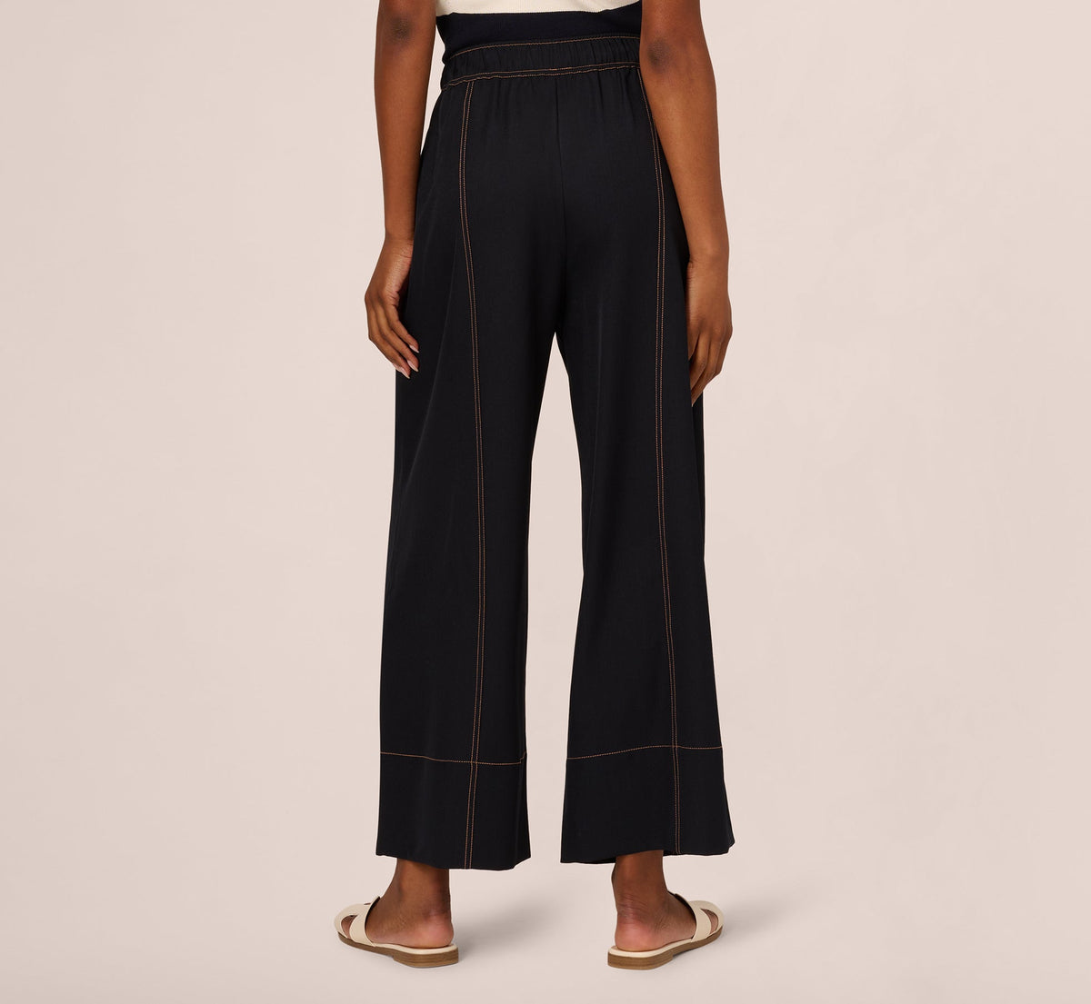 Contrast Stitched Wide Leg Drawstring Pant - Navy Khaki | Adrianna Papell