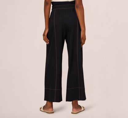 Contrast Stitched Wide Leg Drawstring Pant - Navy Khaki | Adrianna Papell