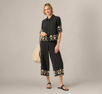 Scalloped Floral Embroidery Cropped Pant - Black Ivory | Adrianna Papell