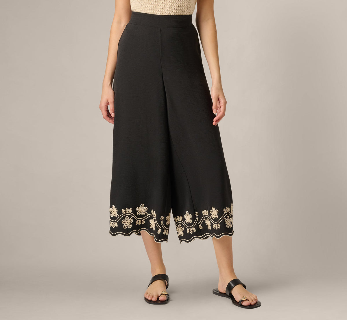Scalloped Floral Embroidery Cropped Pant - Black Ivory | Adrianna Papell