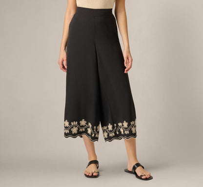 Scalloped Floral Embroidery Cropped Pant - Black Ivory | Adrianna Papell