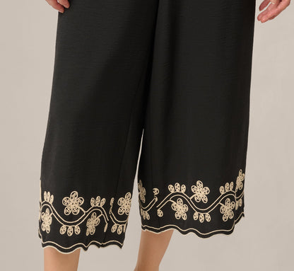 Scalloped Floral Embroidery Cropped Pant - Black Ivory | Adrianna Papell