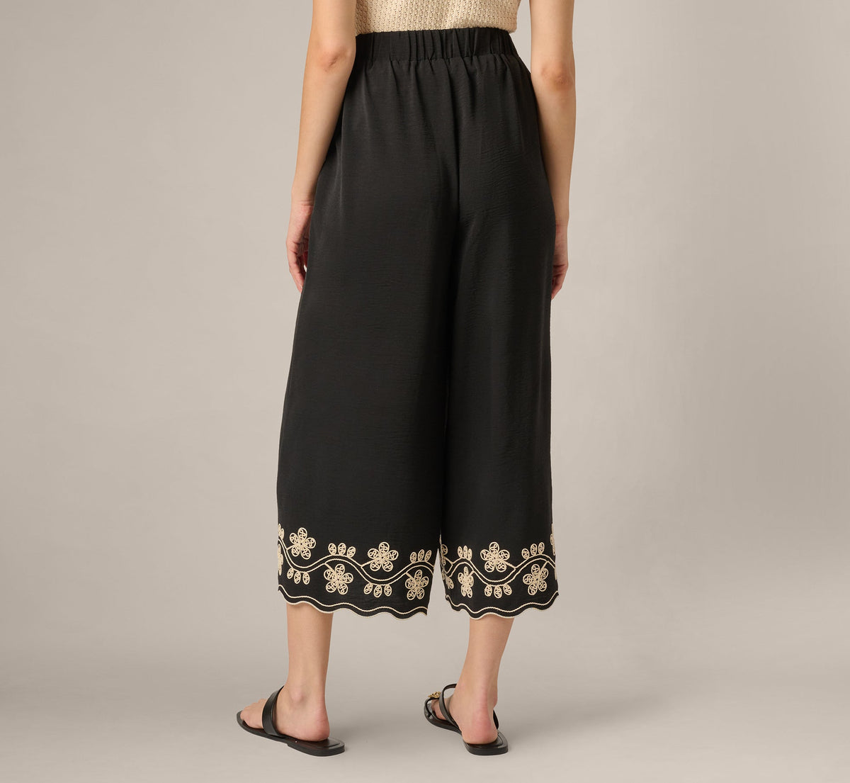 Scalloped Floral Embroidery Cropped Pant - Black Ivory | Adrianna Papell