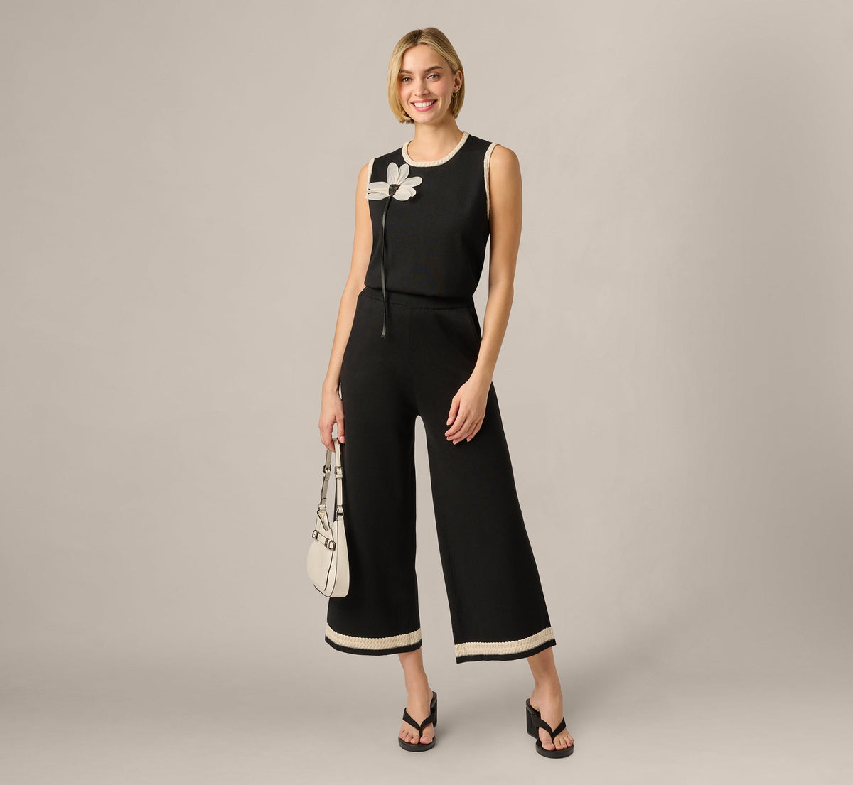 Cable Trim Sweater Knit Pant - Black Cream | Adrianna Papell