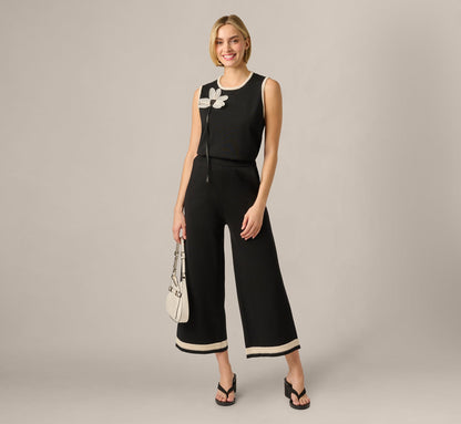 Cable Trim Sweater Knit Pant - Black Cream | Adrianna Papell