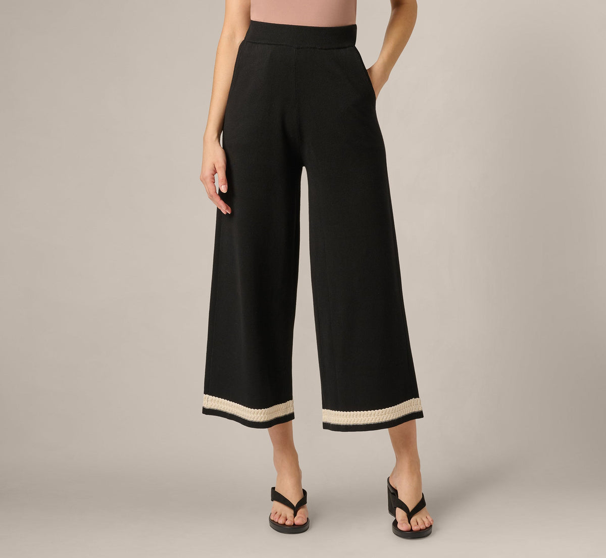 Cable Trim Sweater Knit Pant - Black Cream | Adrianna Papell