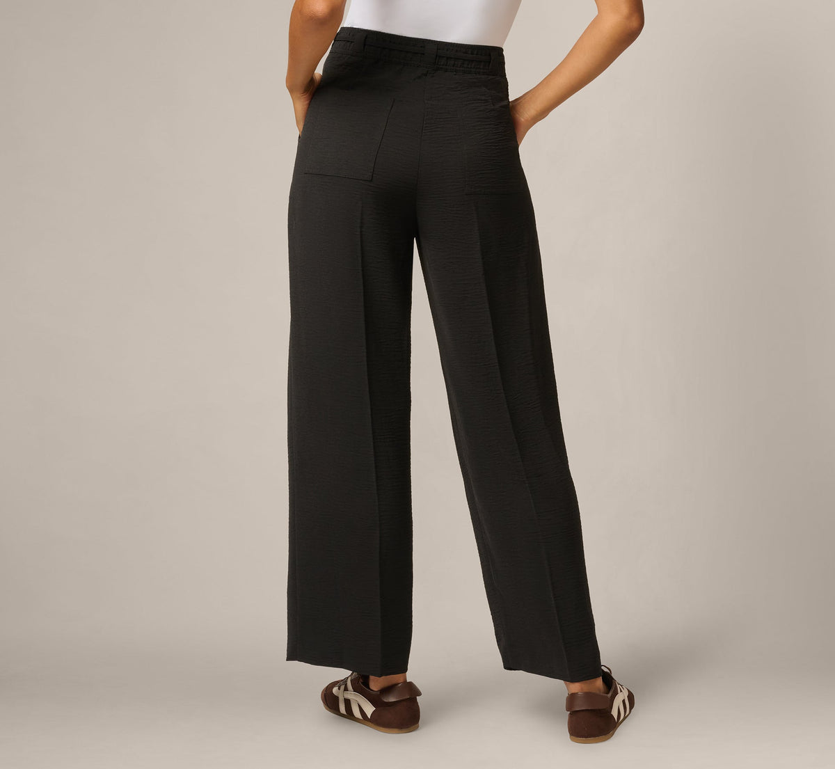 Tie Belt Airflow Pleated Wide Leg Pant - Black | Adrianna Papell