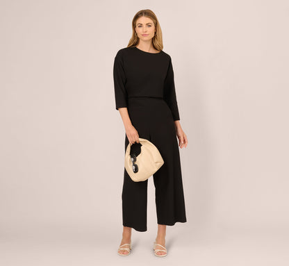 Wide Leg Rib Knit Cropped Pant - Black | Adrianna Papell