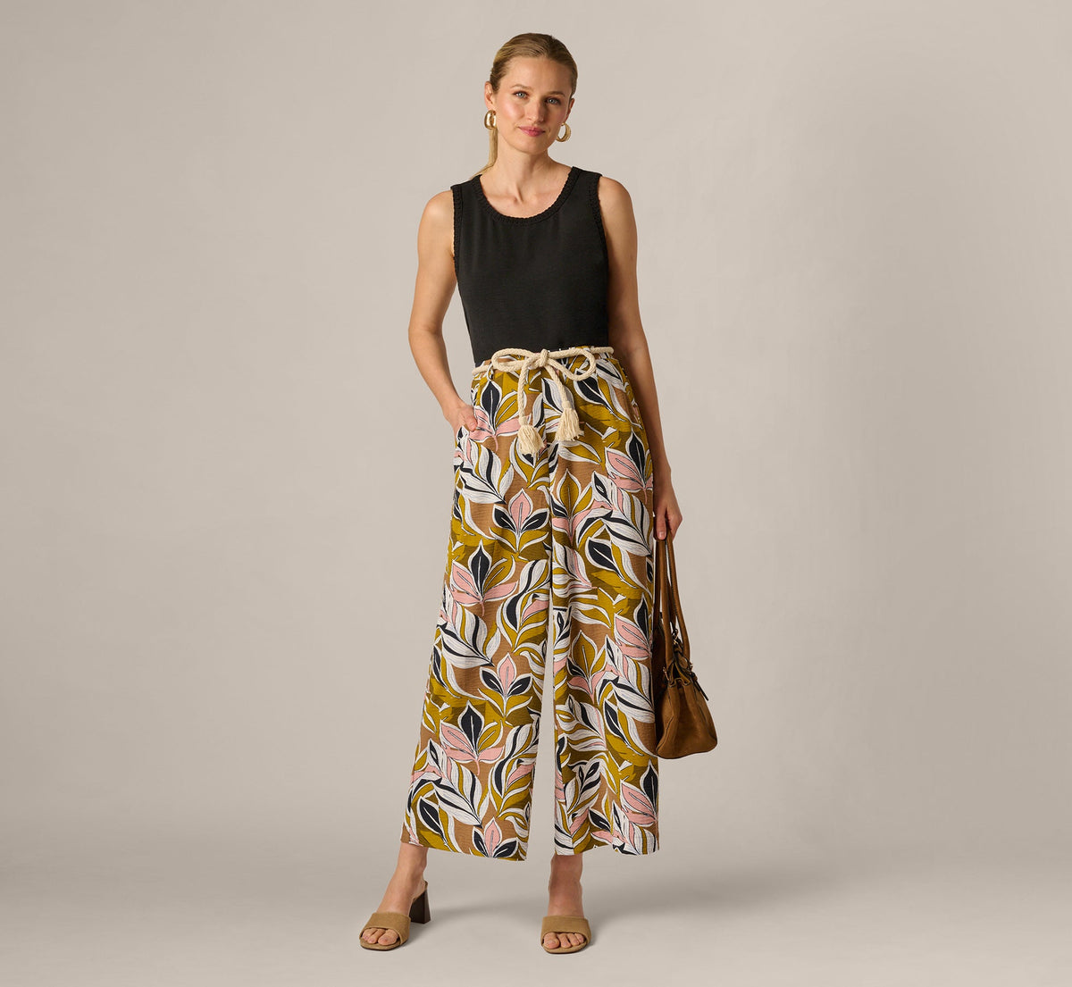 Wide Leg Rope Belt Pants - Amber Green Brushed Leaf | Adrianna Papell