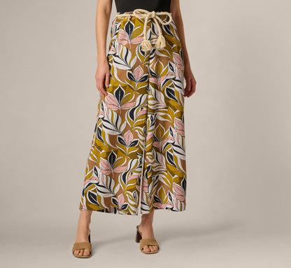 Wide Leg Rope Belt Pants - Amber Green Brushed Leaf | Adrianna Papell
