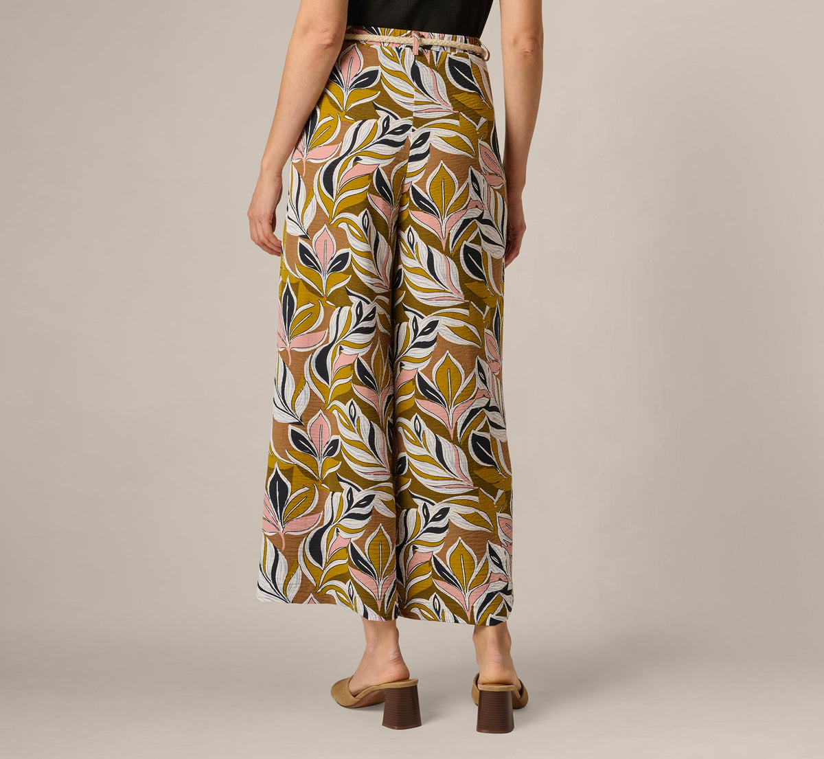 Wide Leg Rope Belt Pants - Amber Green Brushed Leaf | Adrianna Papell