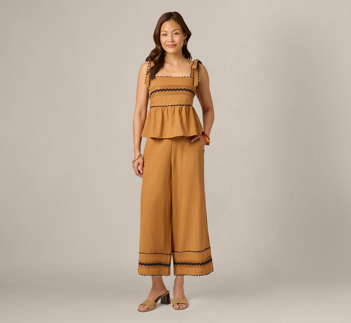 Scalloped Trim Cropped Cotton Pant - Camel Blue Moon | Adrianna Papell