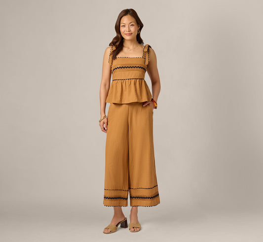 Scalloped Trim Cropped Cotton Pant - Camel Blue Moon | Adrianna Papell