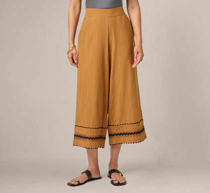 Scalloped Trim Cropped Cotton Pant - Camel Blue Moon | Adrianna Papell