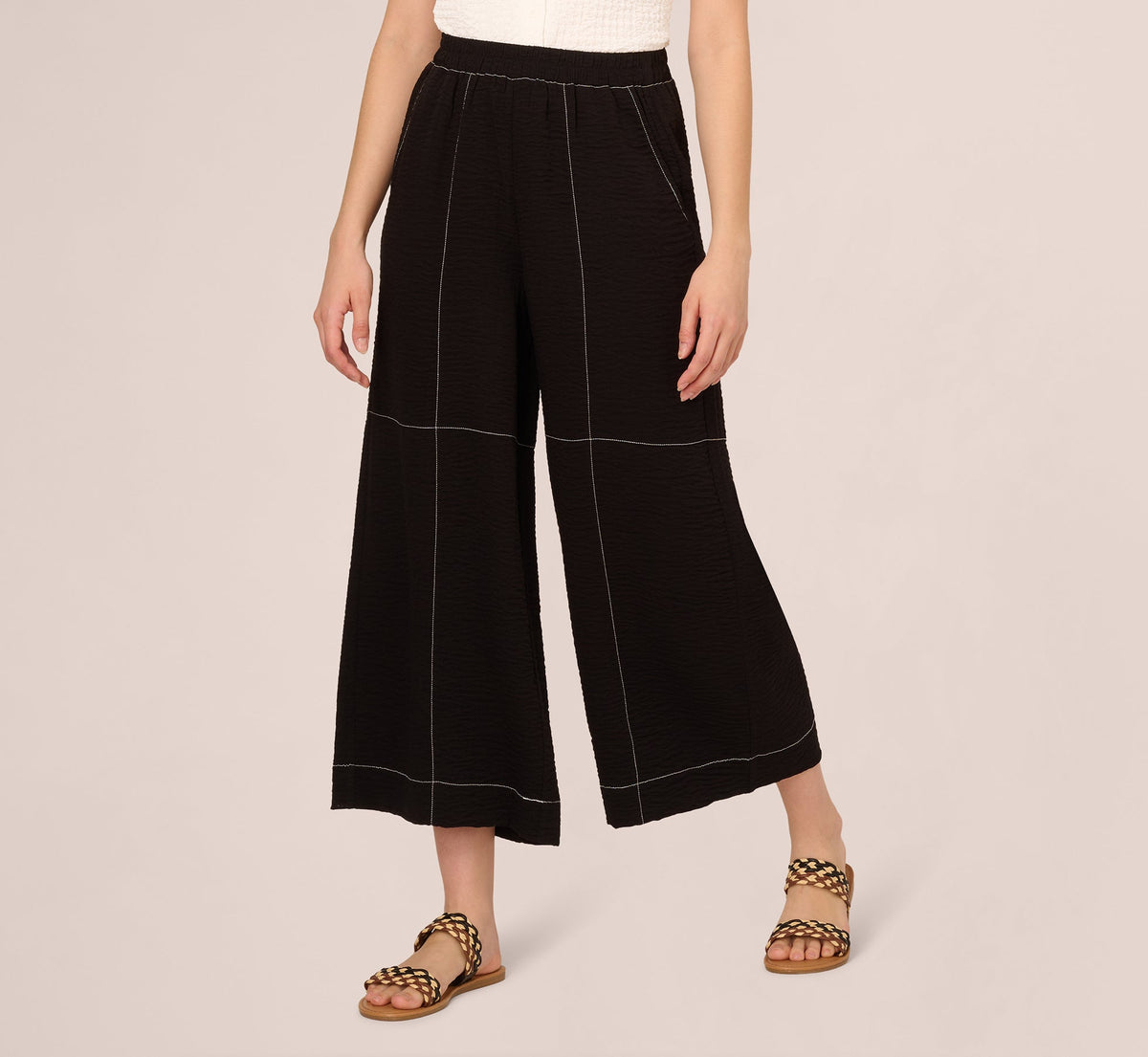 Contrast Stitching Crinkle Midi Pant - Black Ivory | Adrianna Papell