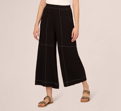 Contrast Stitching Crinkle Midi Pant - Black Ivory | Adrianna Papell