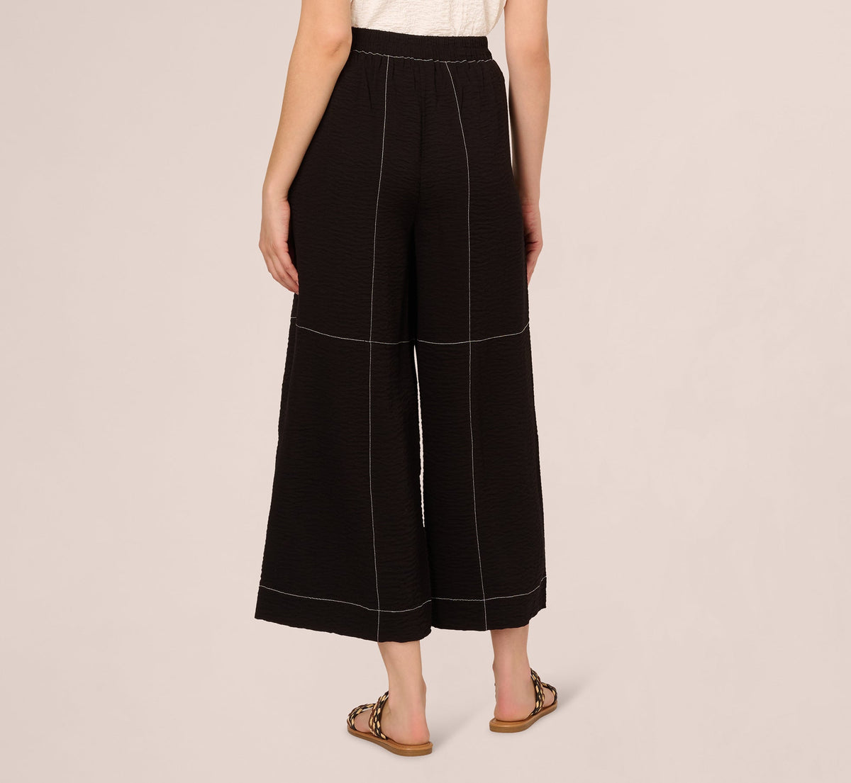 Contrast Stitching Crinkle Midi Pant - Black Ivory | Adrianna Papell