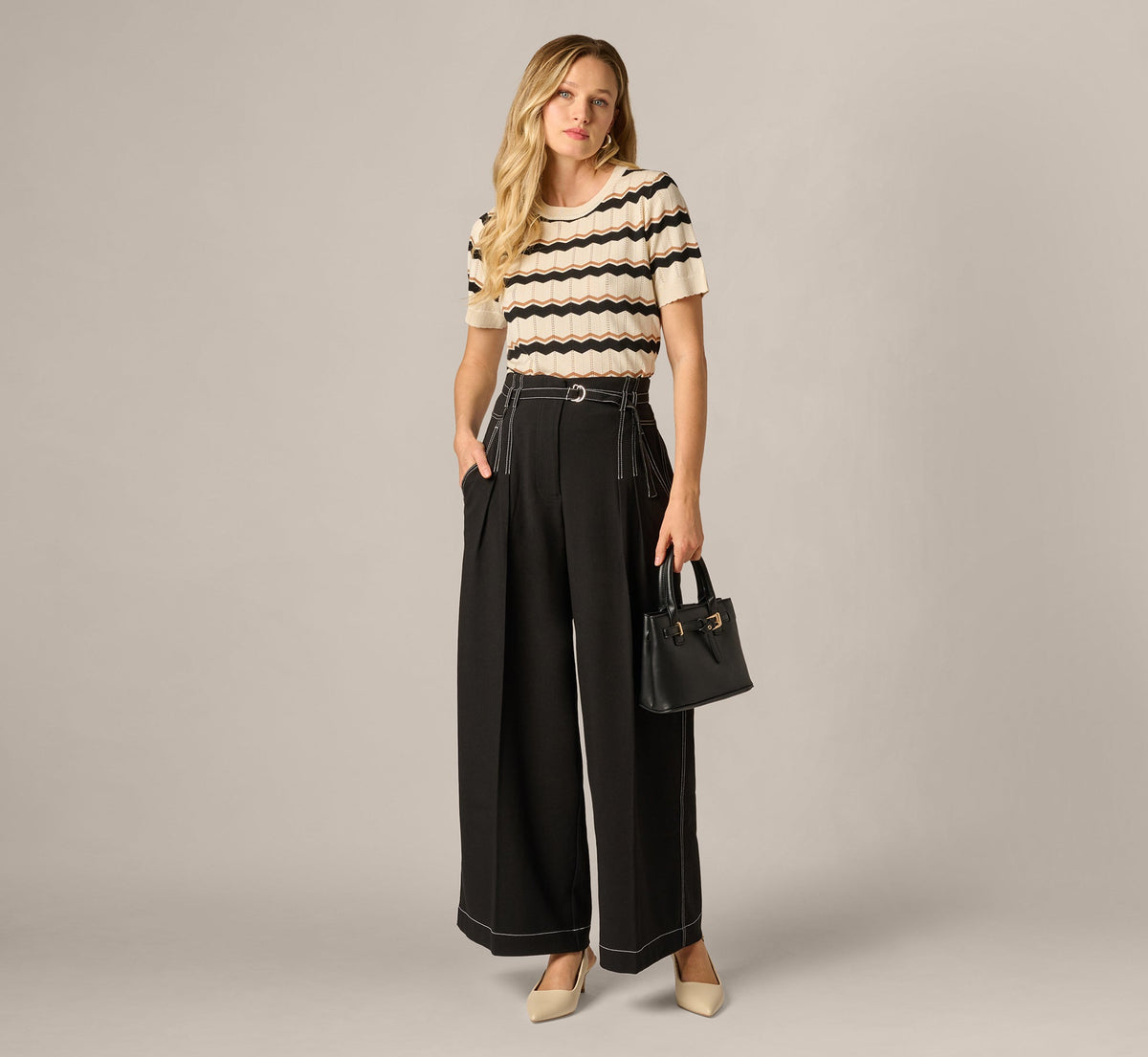 Topstitch Wide Leg Paperbag Pant With Belt - Black Ivory | Adrianna Papell