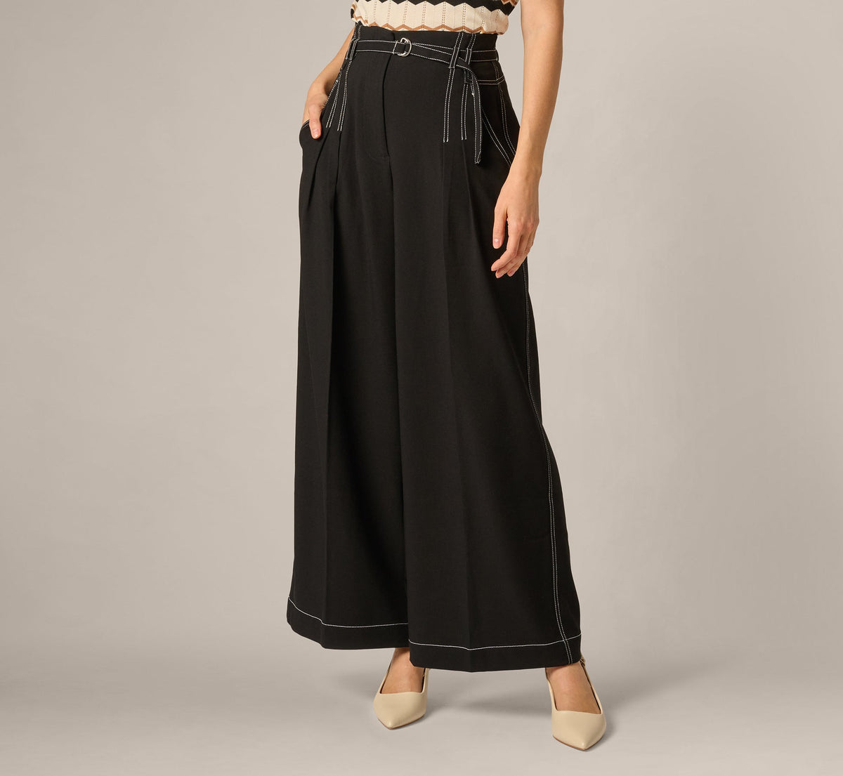 Topstitch Wide Leg Paperbag Pant With Belt - Black Ivory | Adrianna Papell