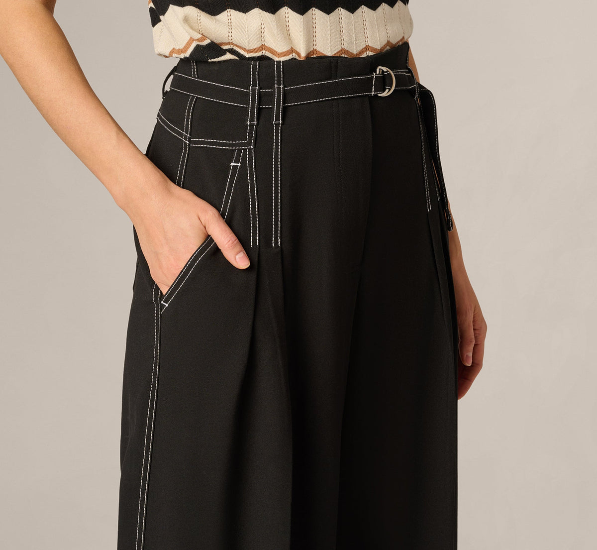 Topstitch Wide Leg Paperbag Pant With Belt - Black Ivory | Adrianna Papell