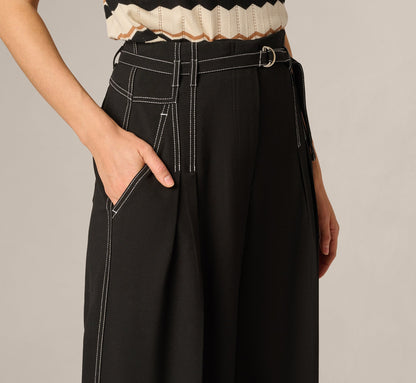 Topstitch Wide Leg Paperbag Pant With Belt - Black Ivory | Adrianna Papell