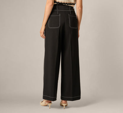 Topstitch Wide Leg Paperbag Pant With Belt - Black Ivory | Adrianna Papell