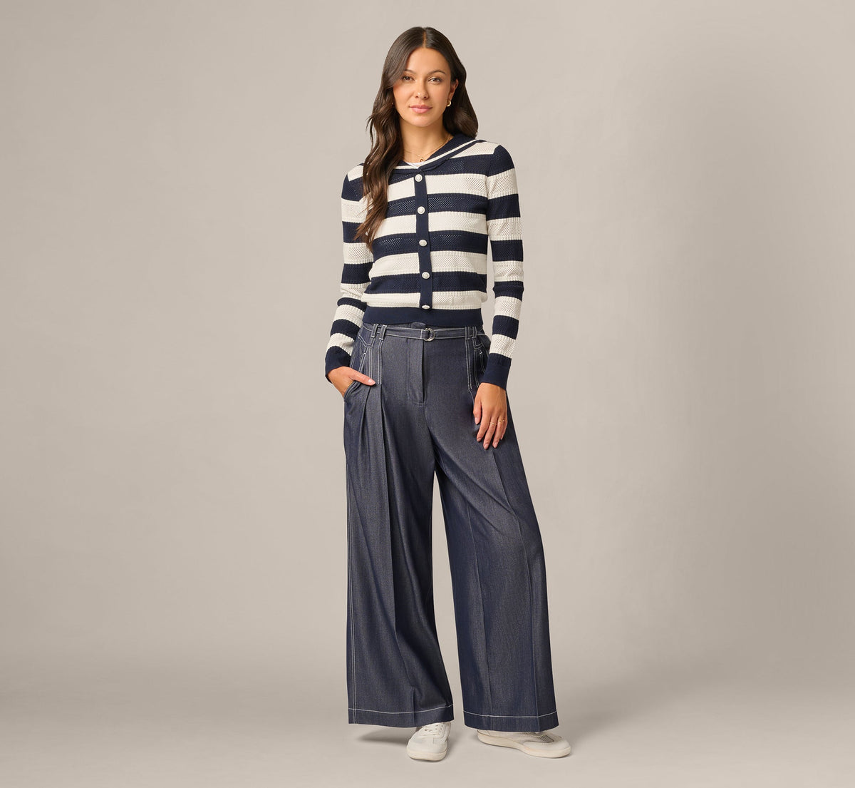 Wide Leg Topstitch Belted Pleat Pant - Washed Denim Cream | Adrianna Papell