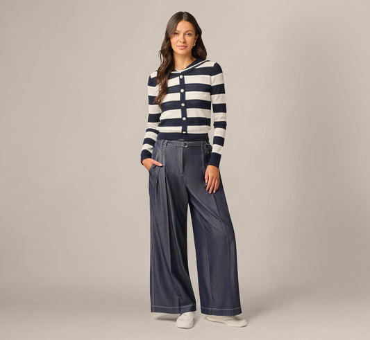 Wide Leg Topstitch Belted Pleat Pant - Washed Denim Cream | Adrianna Papell
