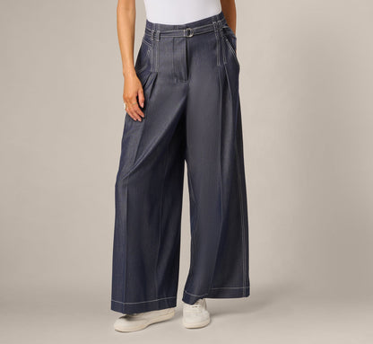 Wide Leg Topstitch Belted Pleat Pant - Washed Denim Cream | Adrianna Papell
