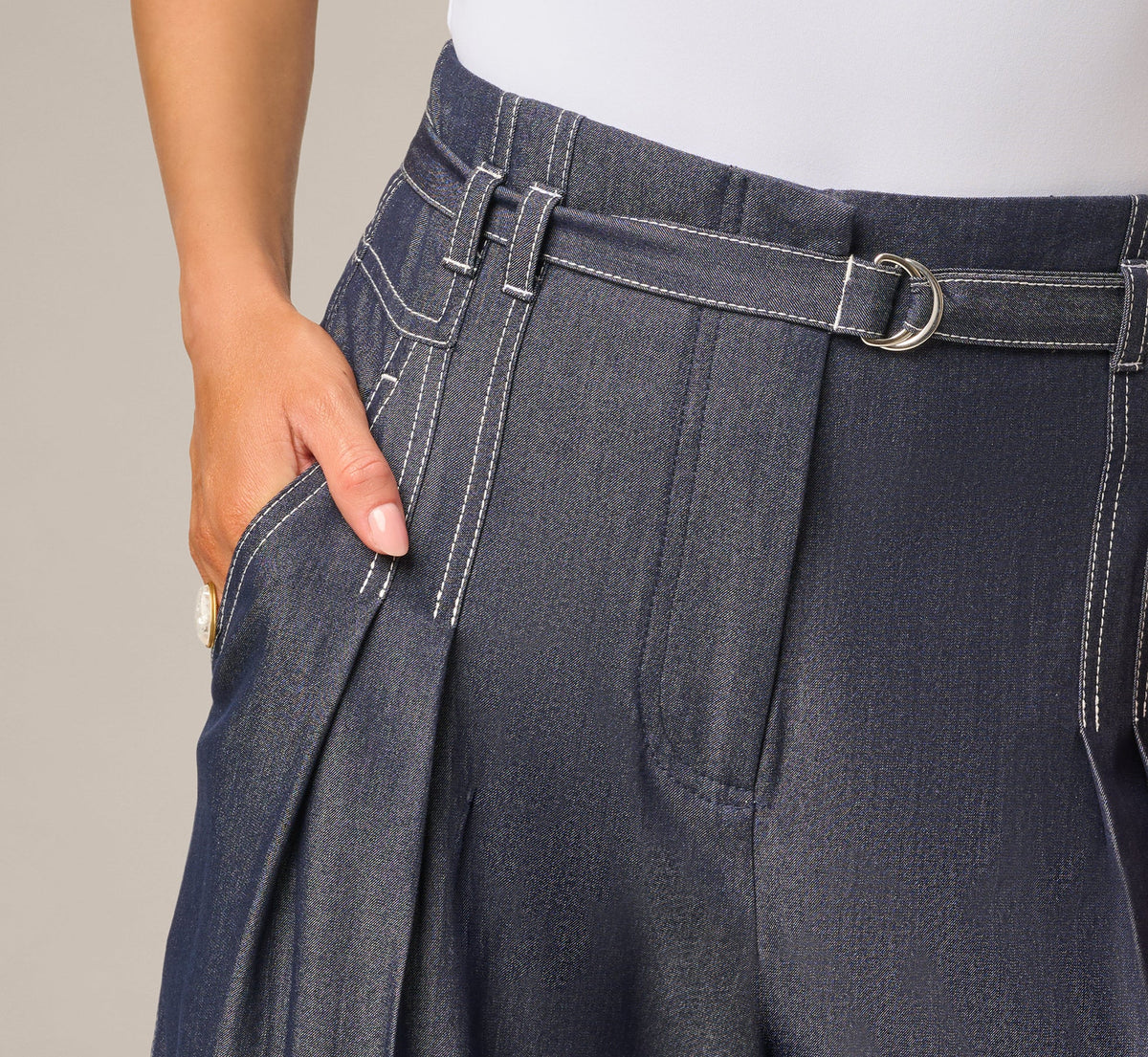Wide Leg Topstitch Belted Pleat Pant - Washed Denim Cream | Adrianna Papell