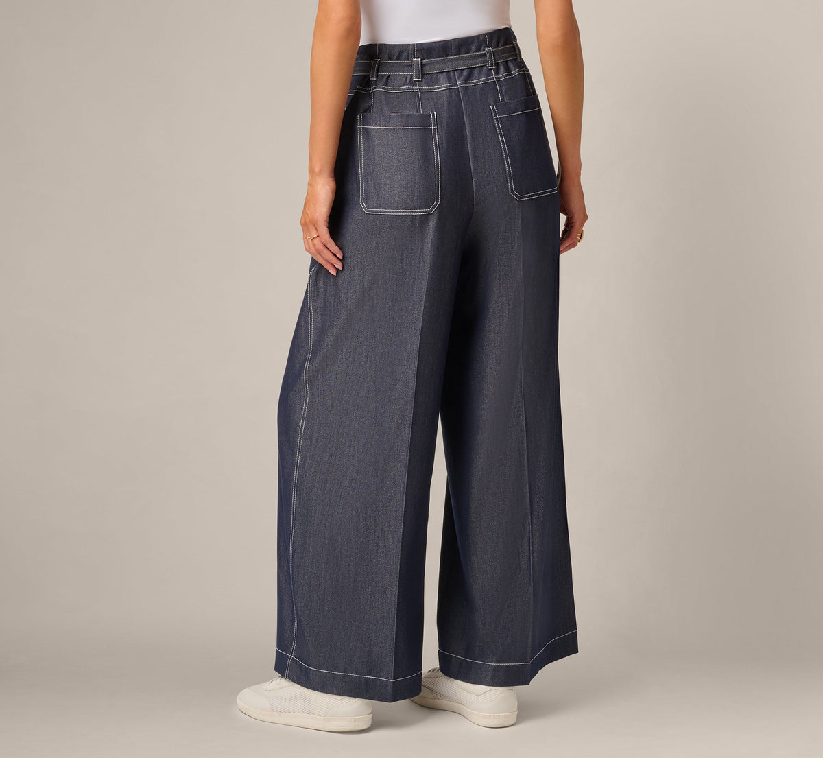 Wide Leg Topstitch Belted Pleat Pant - Washed Denim Cream | Adrianna Papell