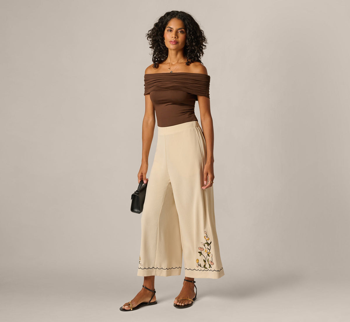Floral Embroidery Wide Leg Pant - Pale Oak | Adrianna Papell