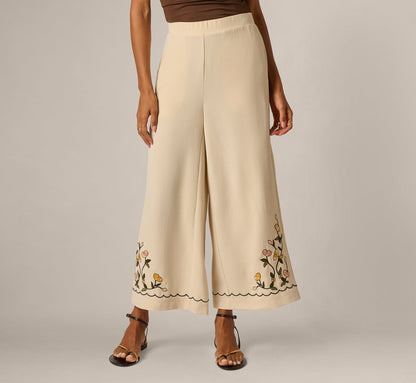 Floral Embroidery Wide Leg Pant - Pale Oak | Adrianna Papell
