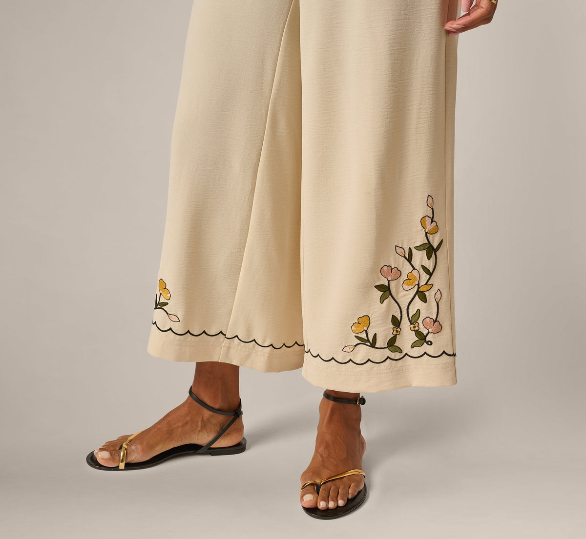 Floral Embroidery Wide Leg Pant - Pale Oak | Adrianna Papell