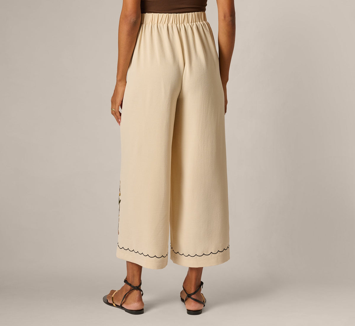 Floral Embroidery Wide Leg Pant - Pale Oak | Adrianna Papell