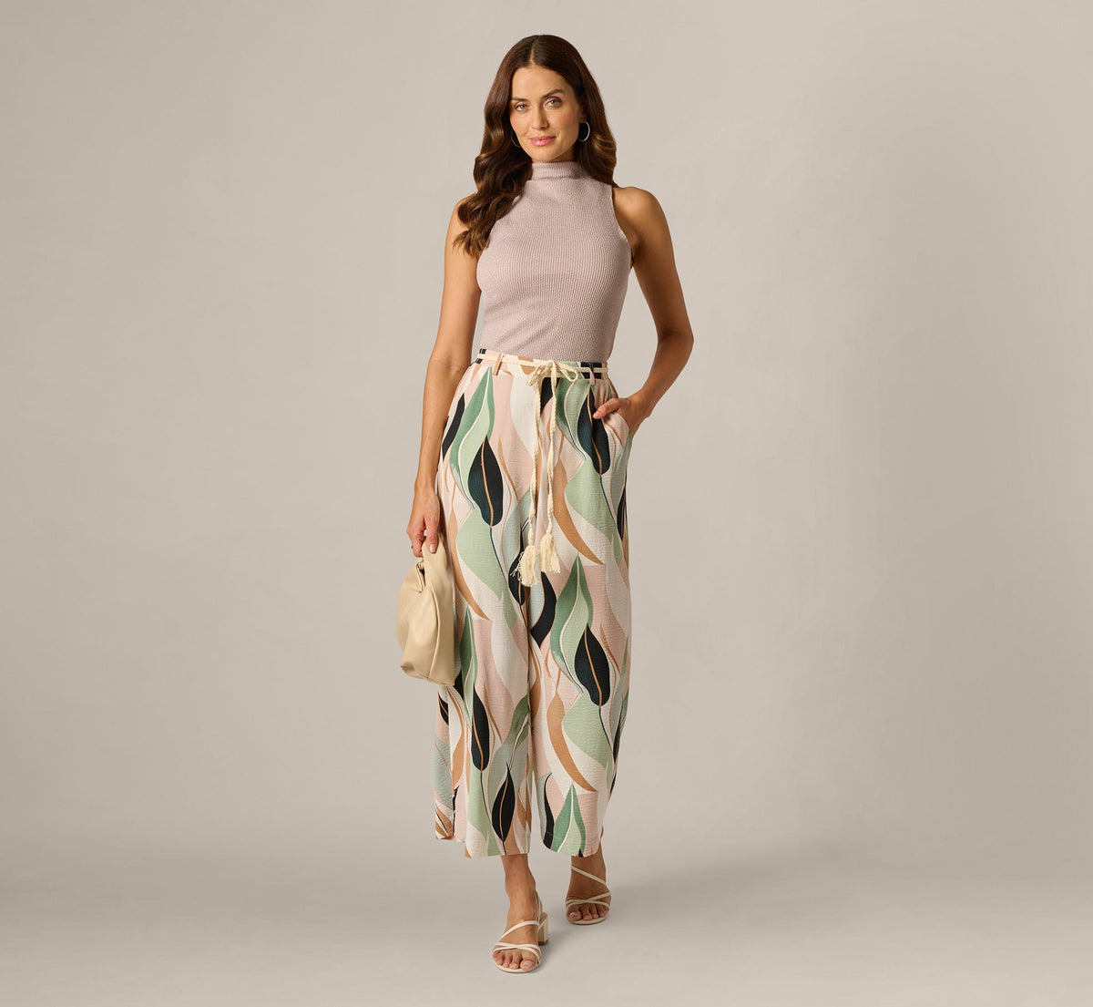 Rope Belt Floral Printed Wide Leg Pant - Seafoam Flowing Leaf | Adrianna Papell