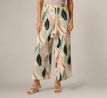 Rope Belt Floral Printed Wide Leg Pant - Seafoam Flowing Leaf | Adrianna Papell