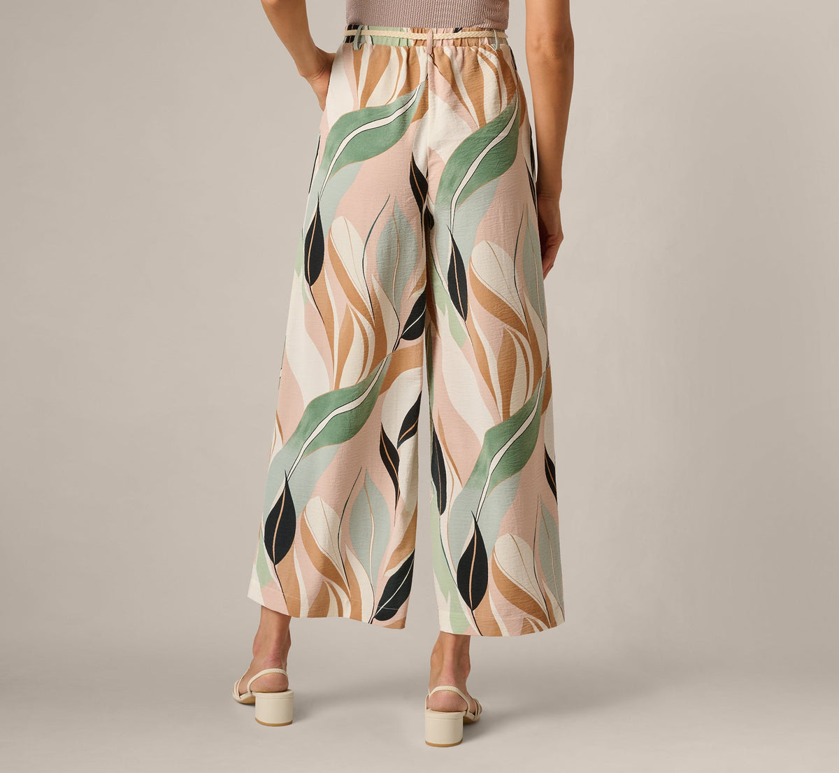 Rope Belt Floral Printed Wide Leg Pant - Seafoam Flowing Leaf | Adrianna Papell
