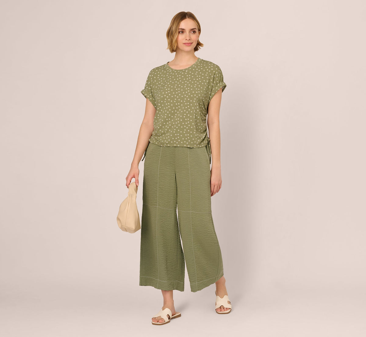 Contrast Stitching Crinkle Midi Pant - Oil Green Ivory | Adrianna Papell
