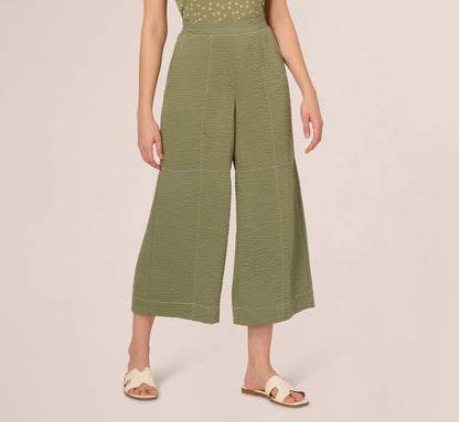 Contrast Stitching Crinkle Midi Pant - Oil Green Ivory | Adrianna Papell