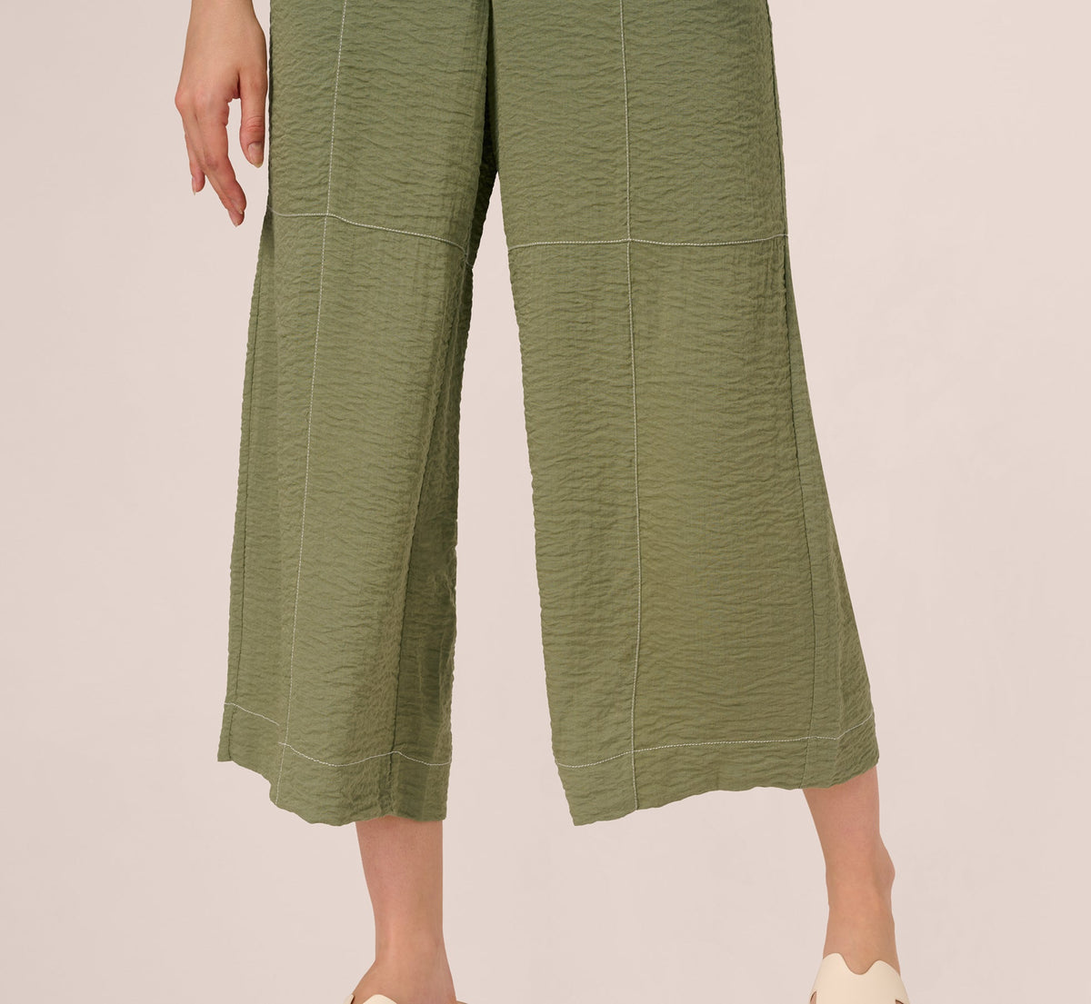 Contrast Stitching Crinkle Midi Pant - Oil Green Ivory | Adrianna Papell